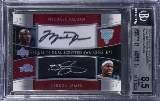 2004-05 UD "Exquisite Collection" Dual Scripted Swatches #JJ Michael Jordan/LeBron James Dual Signed NBA All-Star Game Used Patch Card (#5/5) – BGS NM-MT+ 8.5/BGS 9